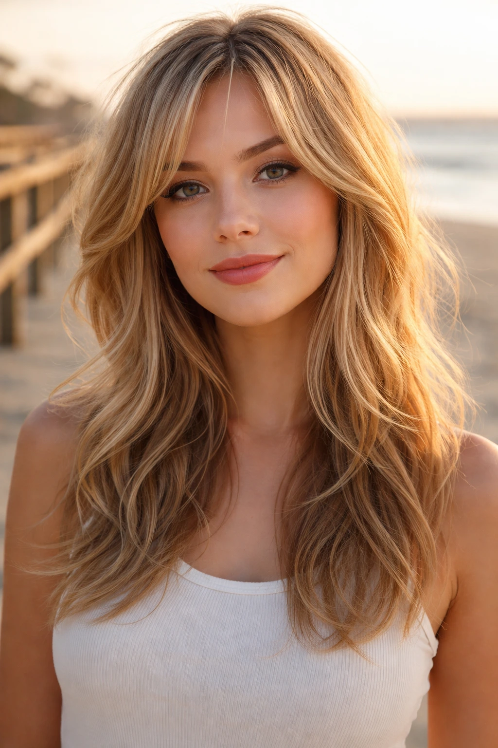 Portrait of a real woman with soft waves and wispy ends