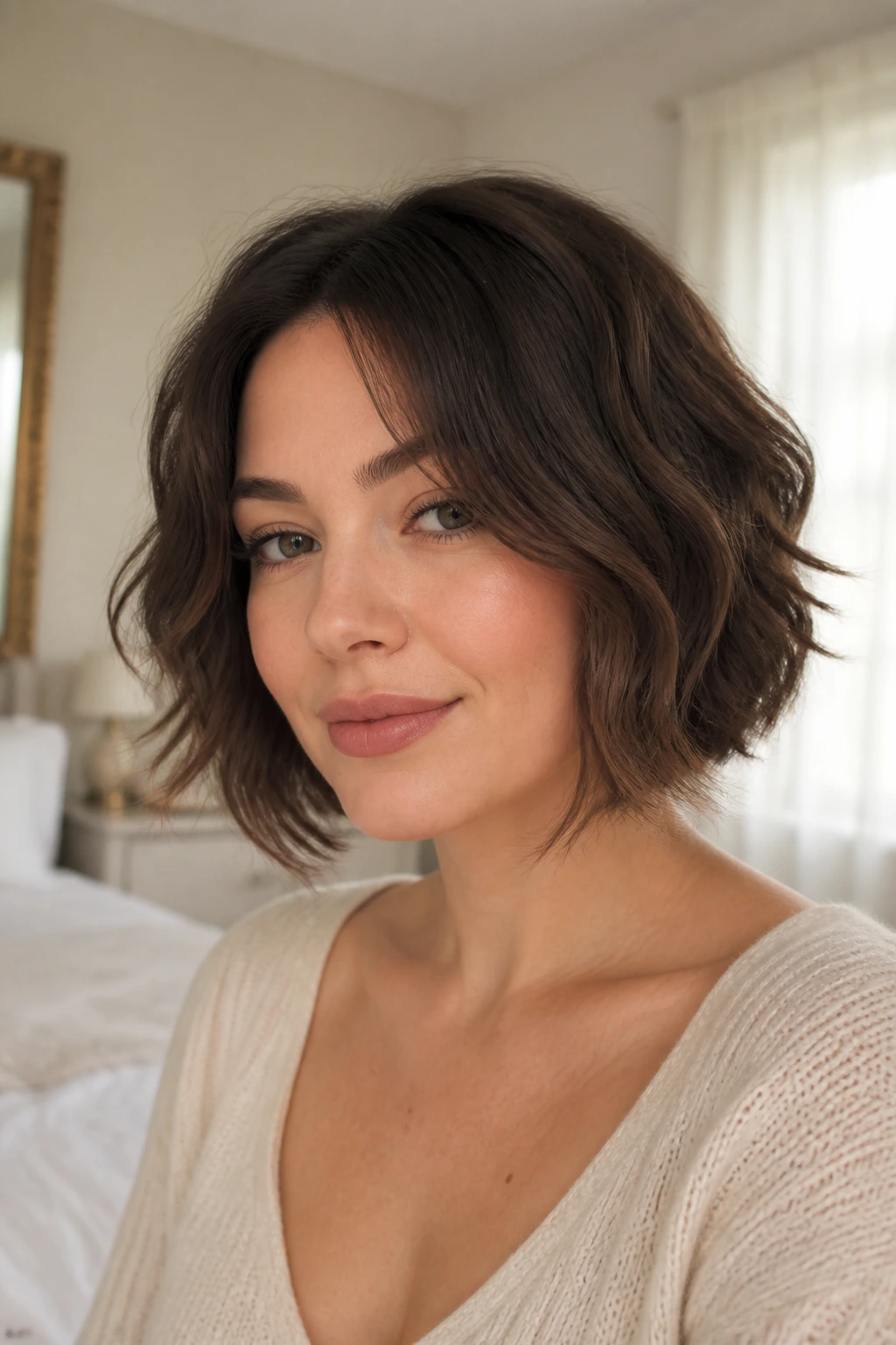Real woman with soft wavy bob and tapered ends in natural light
