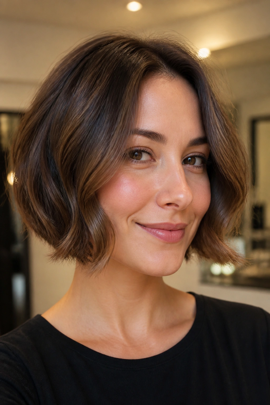 Close-up of a real woman with soft wavy inverted bob and curved ends