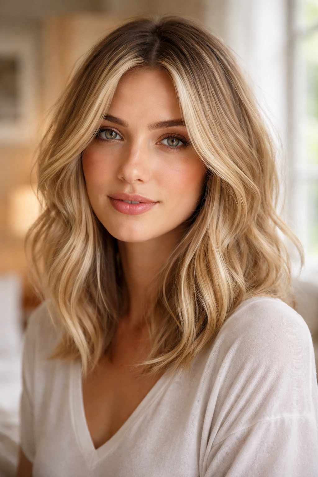 Close-up portrait of a real woman with a soft wavy lob and face-framing pieces, lit by natural window light.