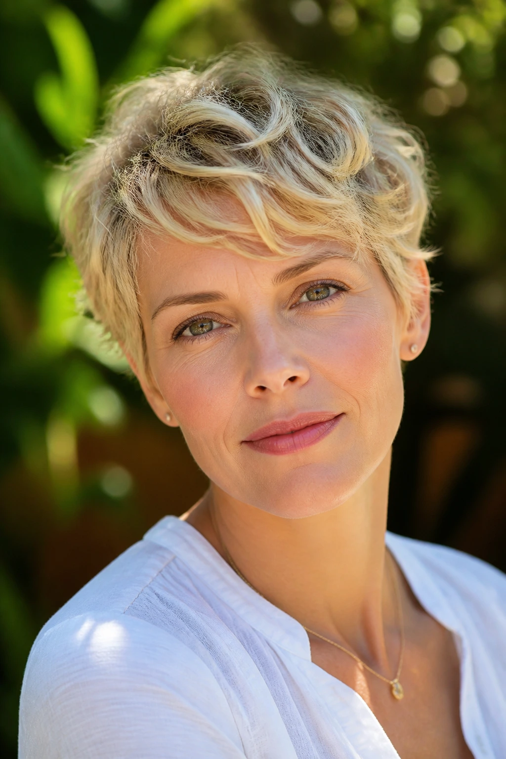 Close-up portrait of a real woman with soft wavy blonde pixie hair.