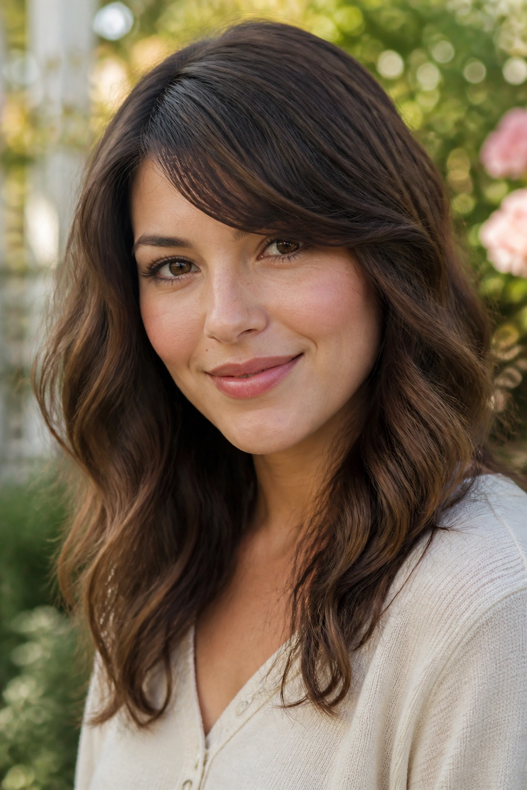 Close-up of a woman with soft wavy side bangs