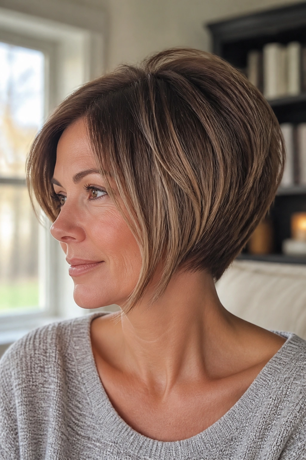 Close-up portrait of a real woman with soft wedge bob highlighting jawline
