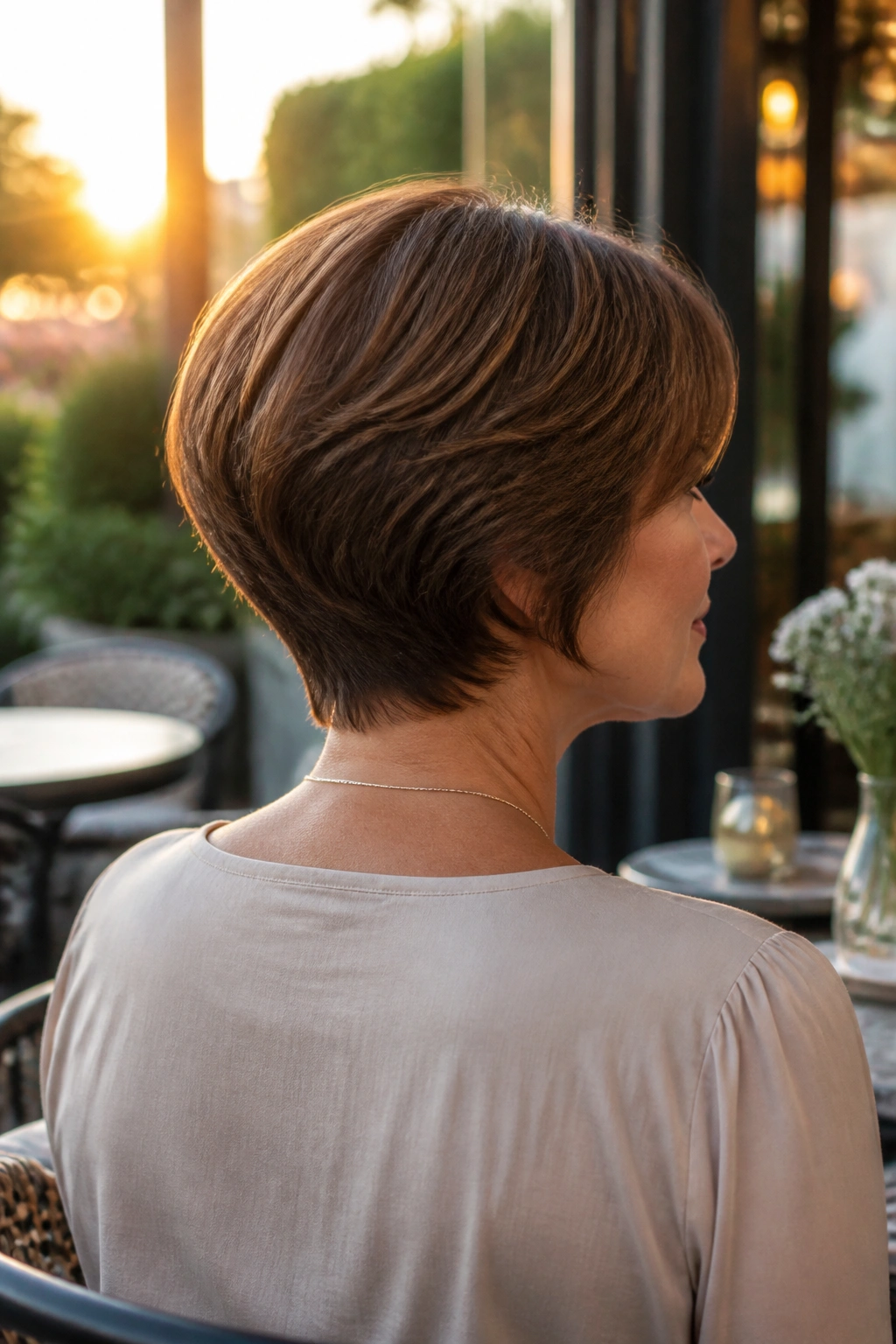 Back view of a woman with a soft wedge cut showing stacked back