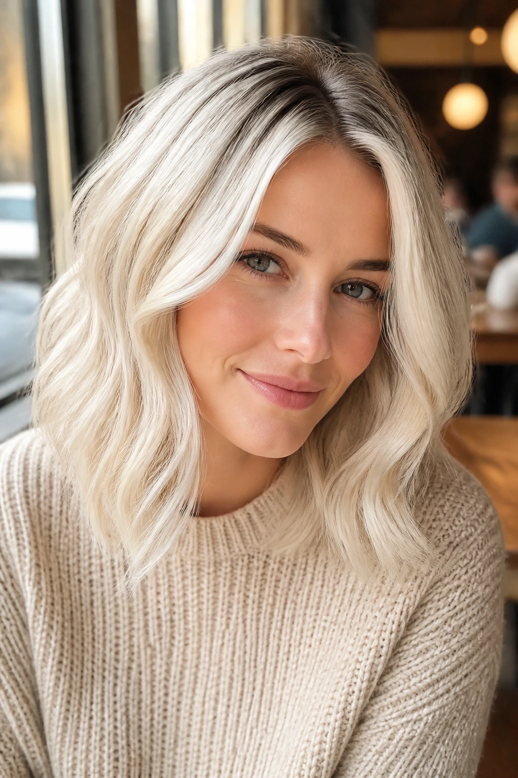 Close-up of a person with soft white blonde hair and a root tap