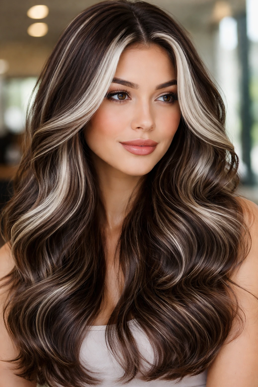 Chocolate brown hair with soft white highlights in a real person