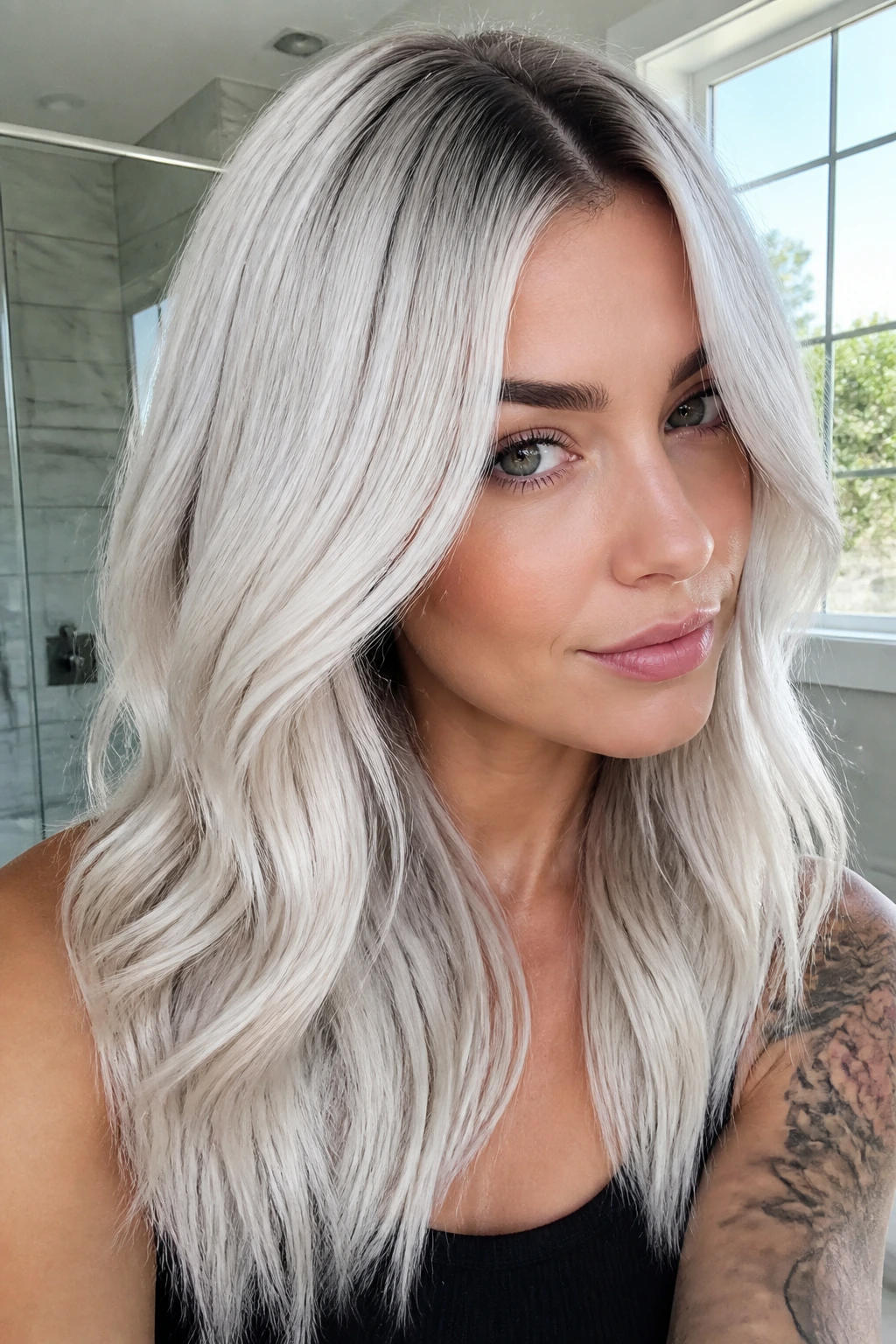 Close-up portrait of a person with ultra-shadow rooted soft white platinum hair.