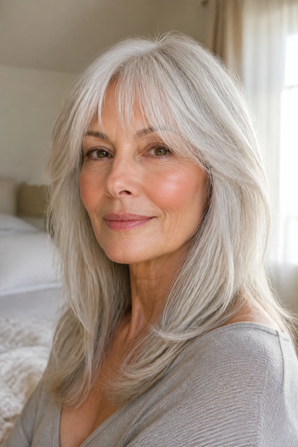 Close-up of a real person with soft white-silver wispy fringe