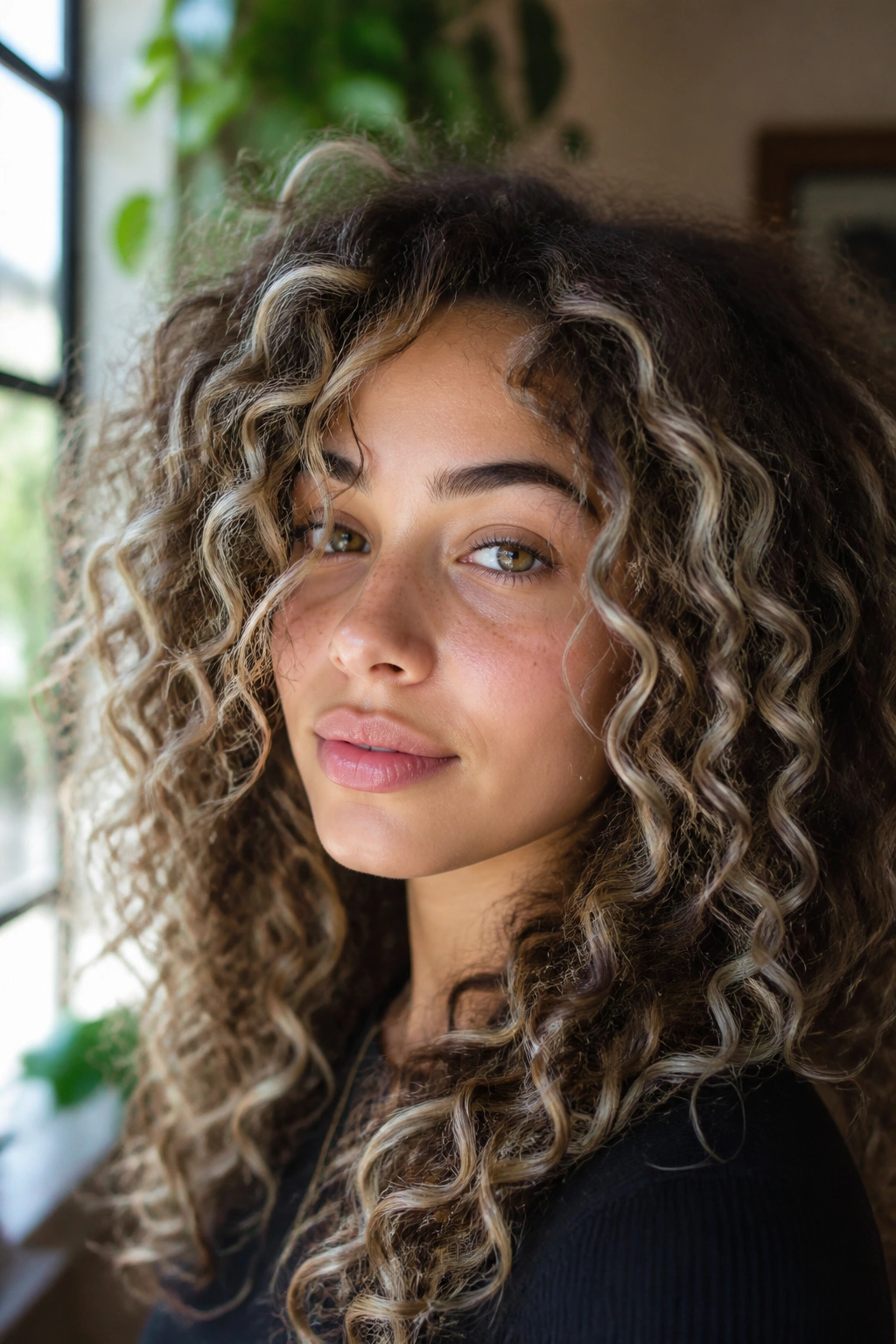 Curly brown hair with soft white swirls on a real person