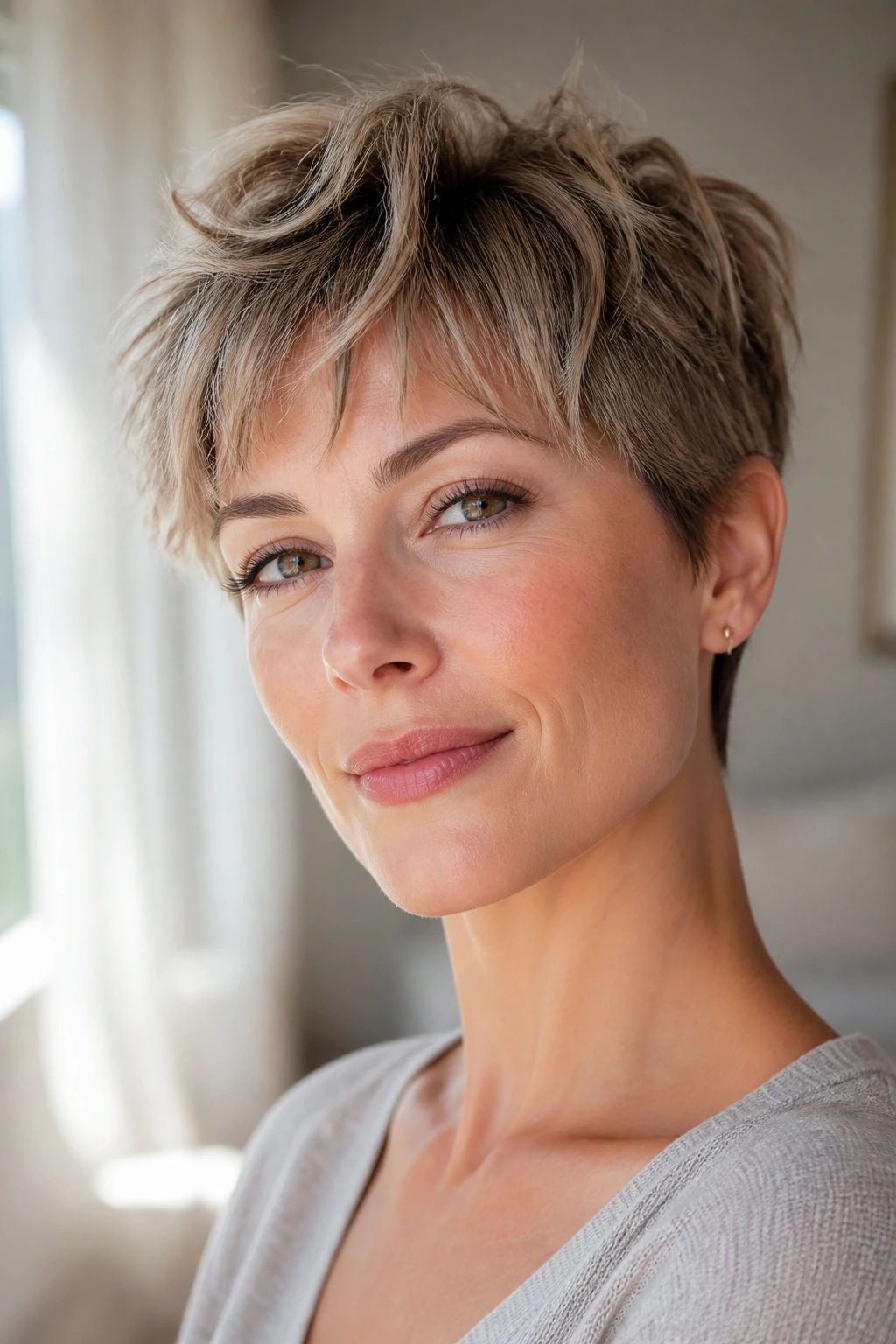 Close-up of Soft Wispy Layered Pixie on a real person with airy layers, window light