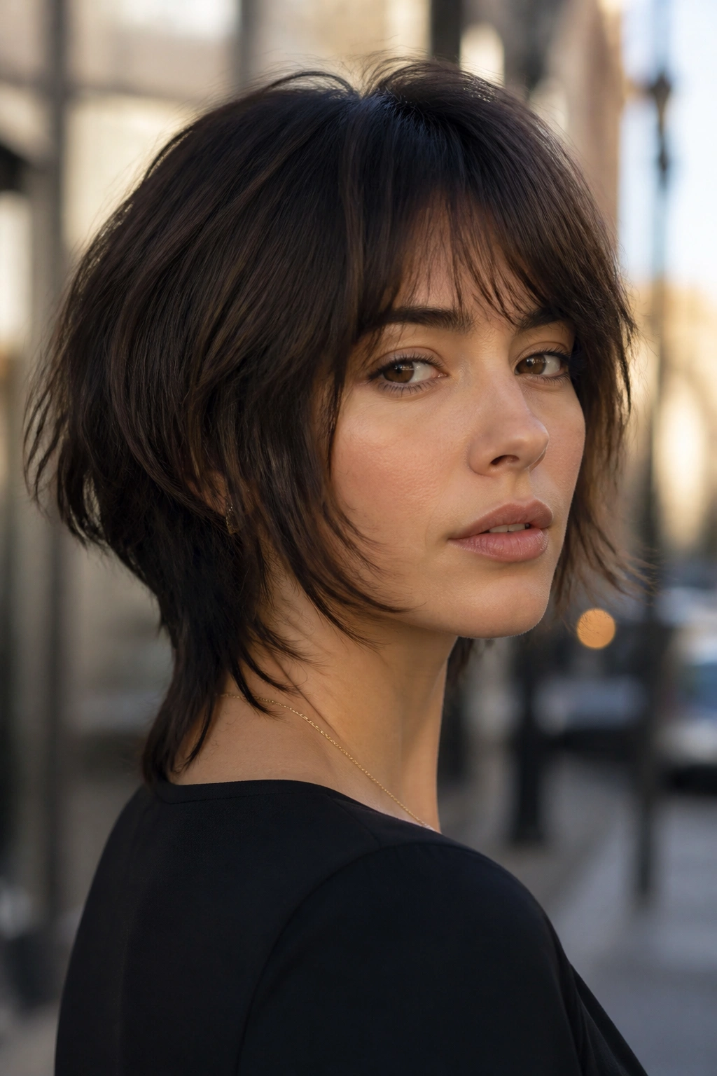 Close-up of a real woman with a soft wolf bob and longer nape against a softly blurred city street.
