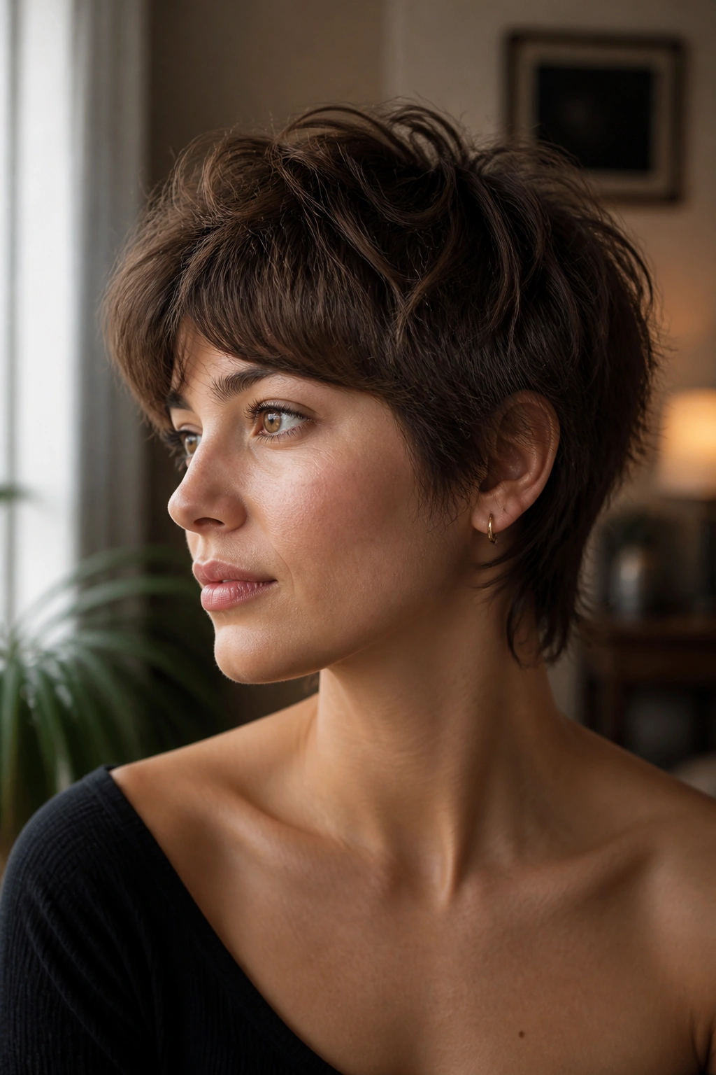 Close-up of a real woman with a soft wolf crop in warm light.