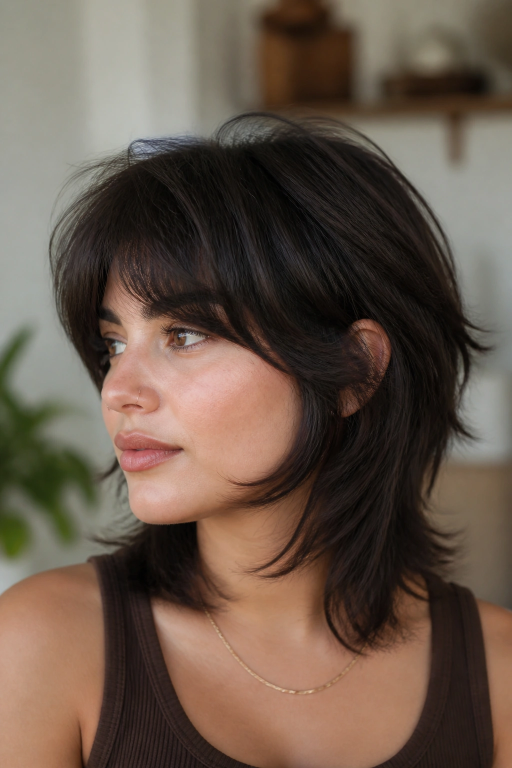 Close-up of a real woman with a soft wolf cut on a round face