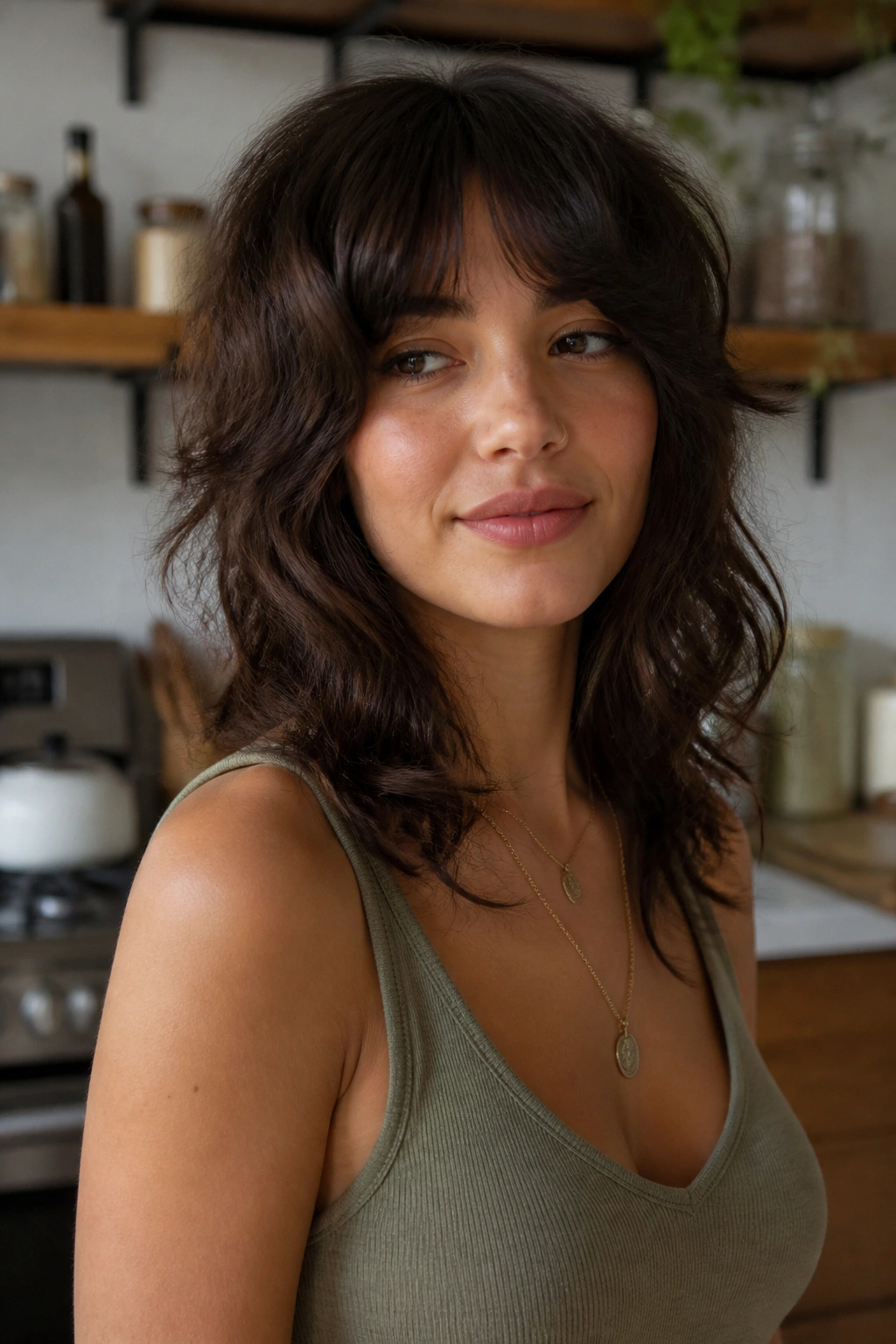 Close-up of a real woman with a soft wolf cut for wavy hair