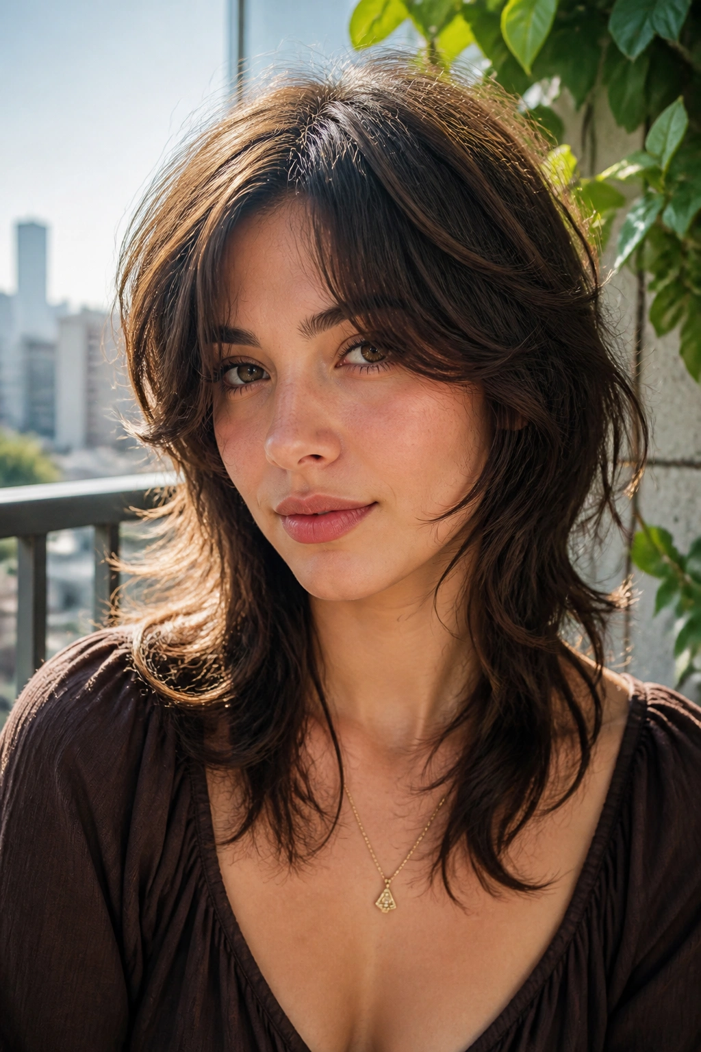 Real woman with soft wolf cut hairstyle in sunlight