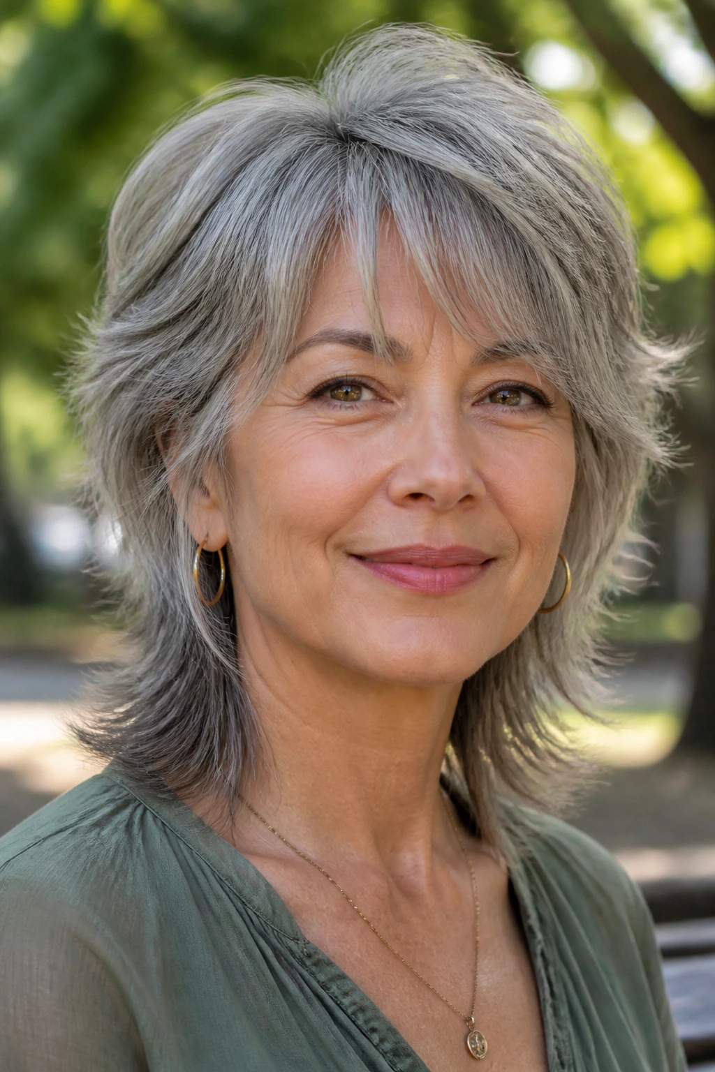 Close-up of a real woman with a soft grey wolf cut and crown lift.