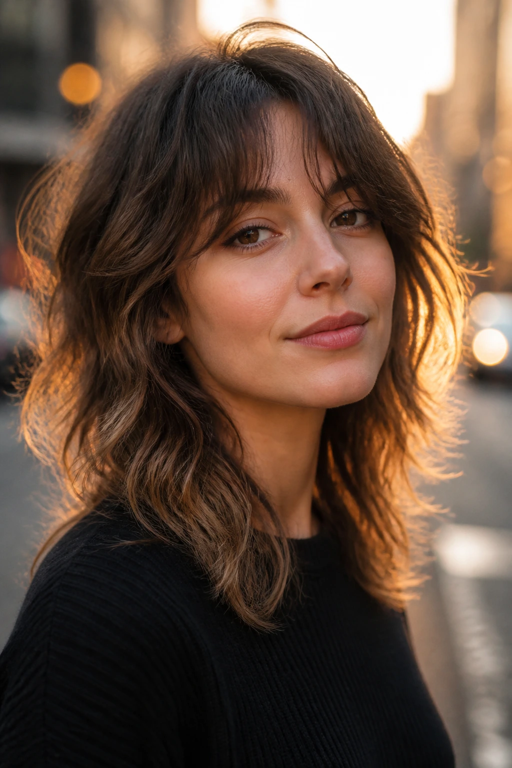 Real woman with a soft wolf cut in golden hour light.