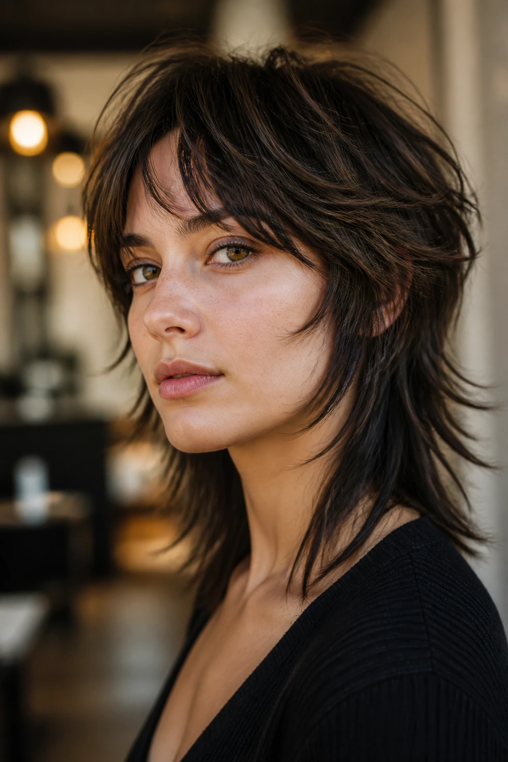 Close-up portrait of a real woman with a soft wolf cut