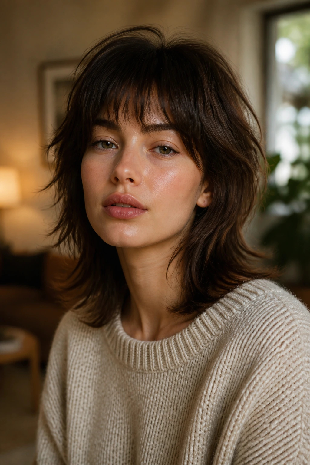 Head-and-shoulders of a real woman with a soft wolf cut