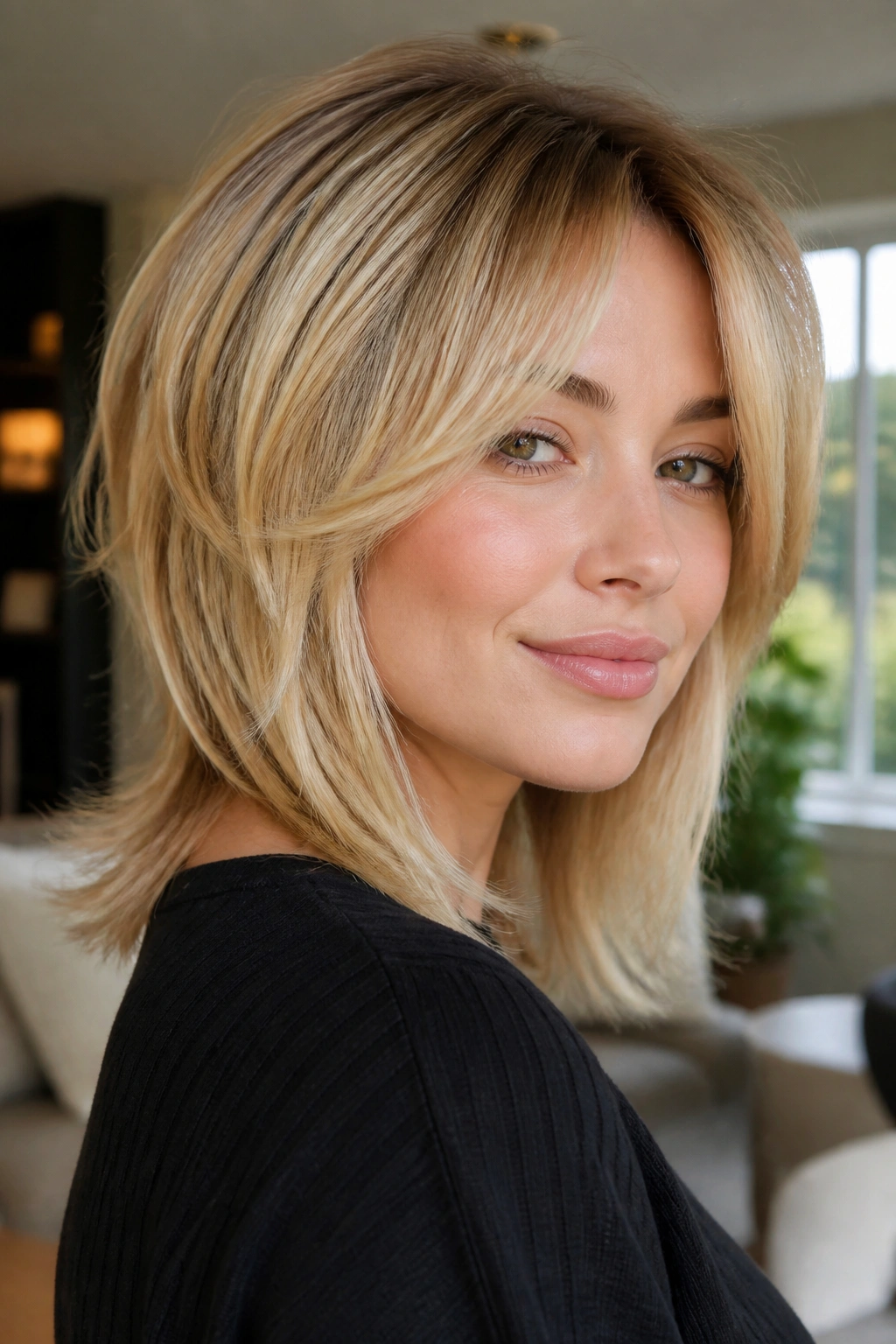Close-up of a real woman with a soft blonde wolf cut and airy fringe