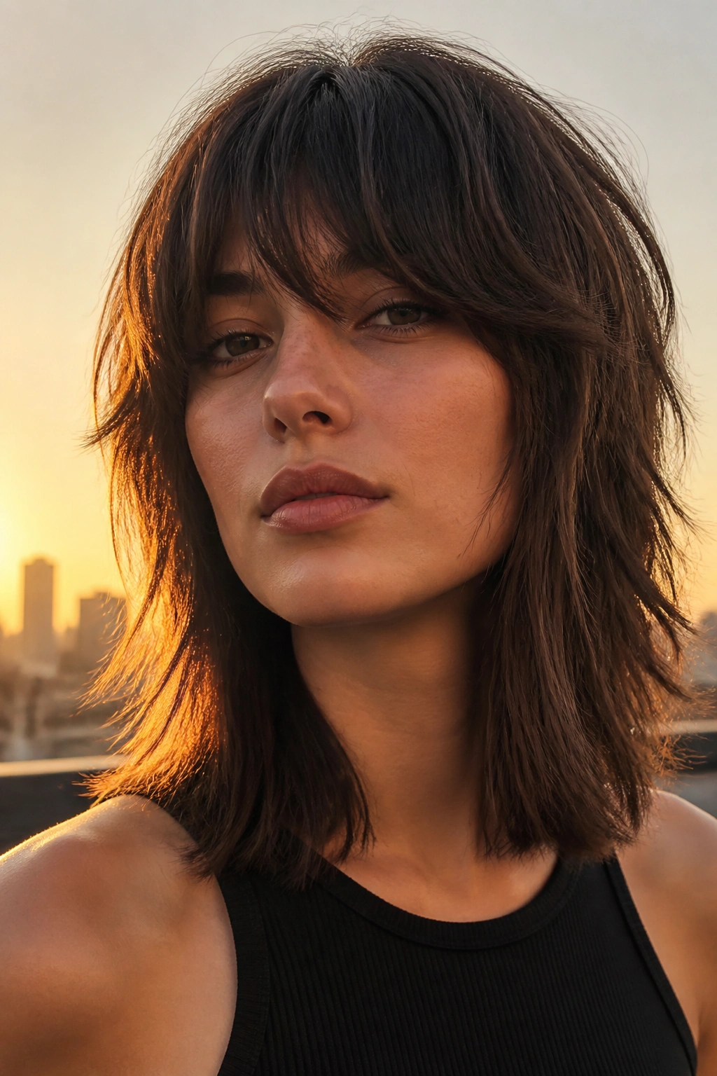 Close-up portrait of a real woman with a soft wolf cut and blunt edge on a rooftop at golden hour