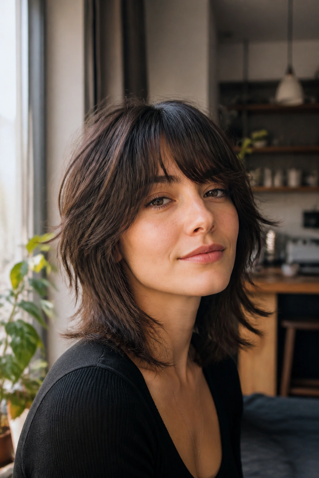 Close-up of a real woman with a soft wolf cut and controlled choppiness
