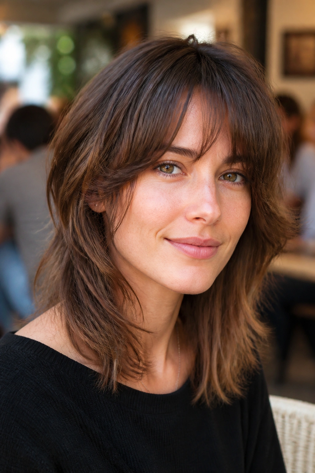 Portrait of a woman with a soft wolf cut in a bright cafe setting