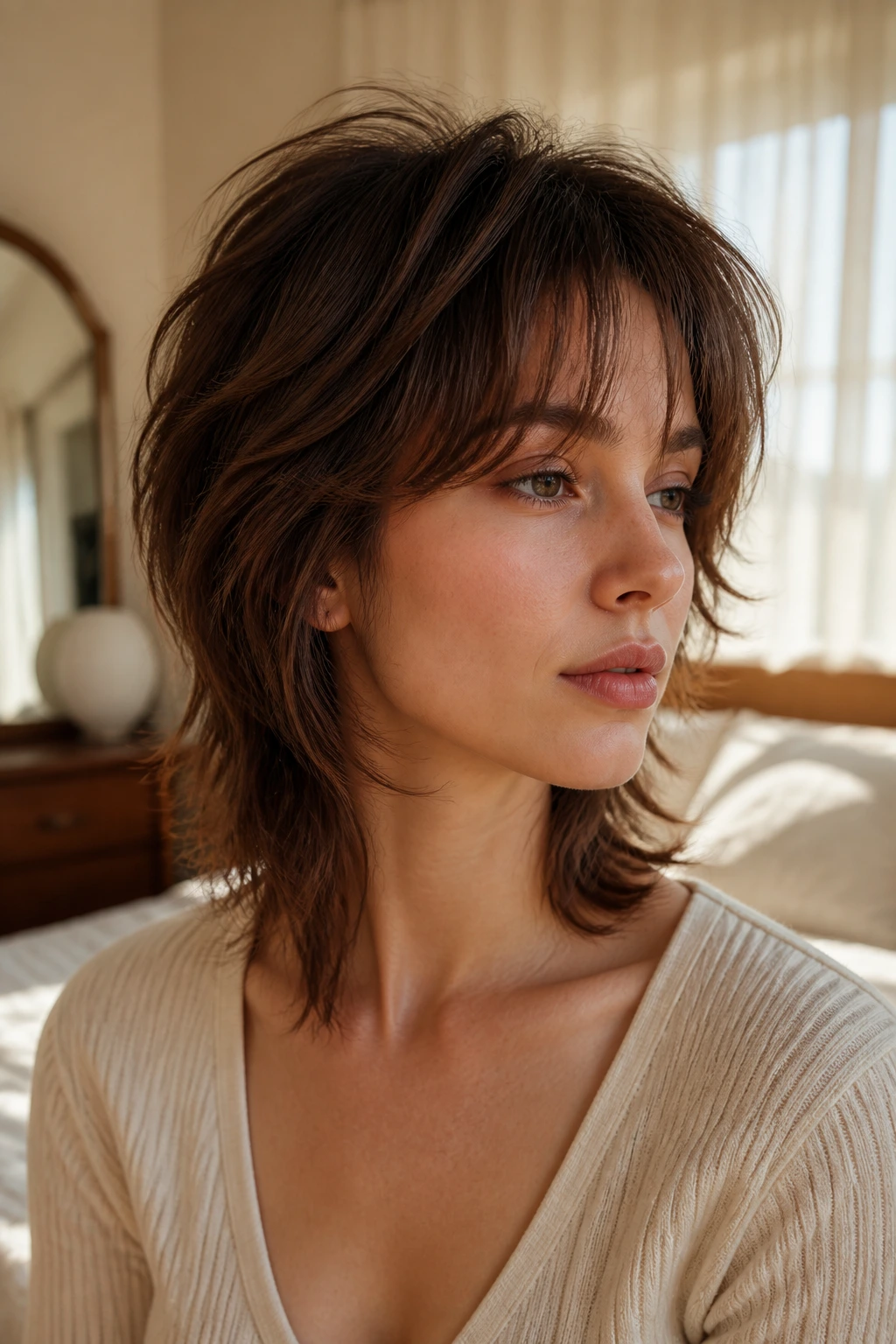 Close-up portrait of a real person with a soft wolf cut for fine hair