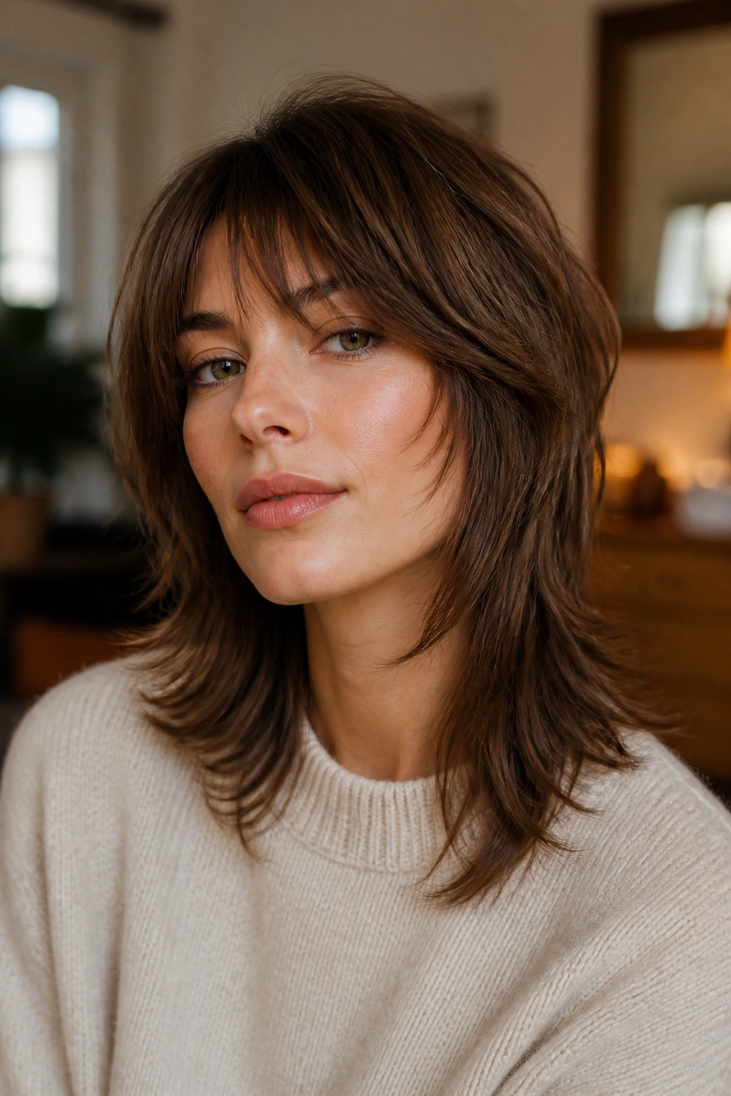Portrait of a real woman with a soft wolf cut on fine hair.