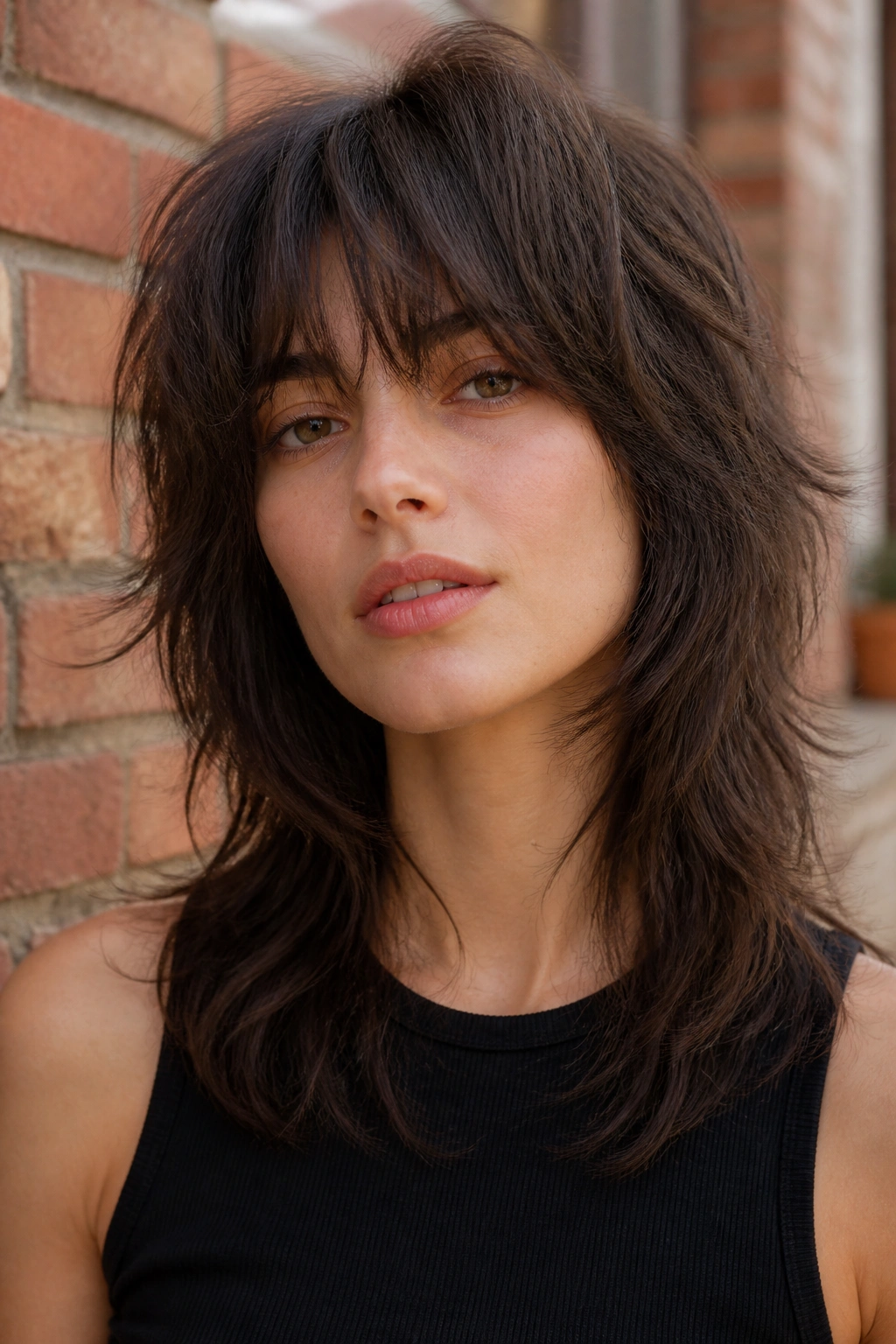 Close-up of real woman with soft wolf cut and lifted crown layers