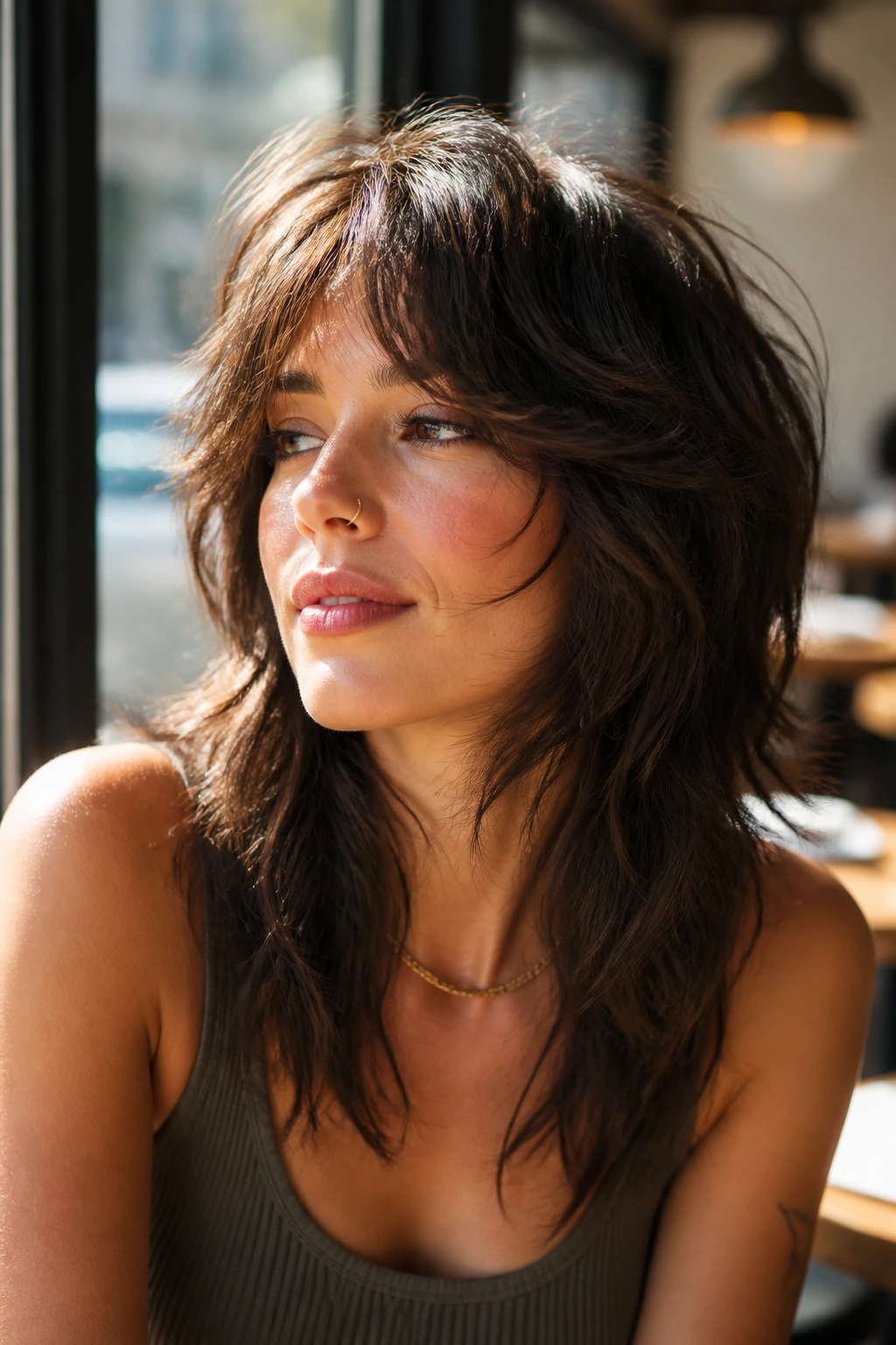 Close-up of a real woman with a soft wolf cut, voluminous crown and textured ends in sunlit cafe light.