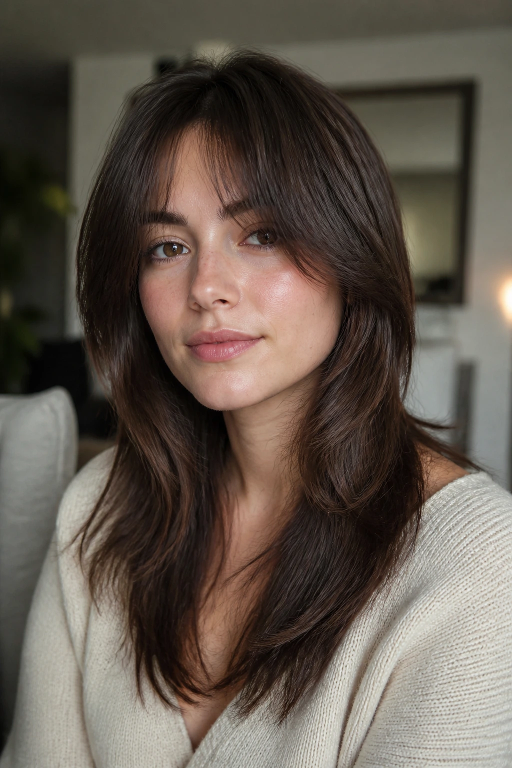 Close-up portrait of a real person with a softly textured wolf cut on straight hair.