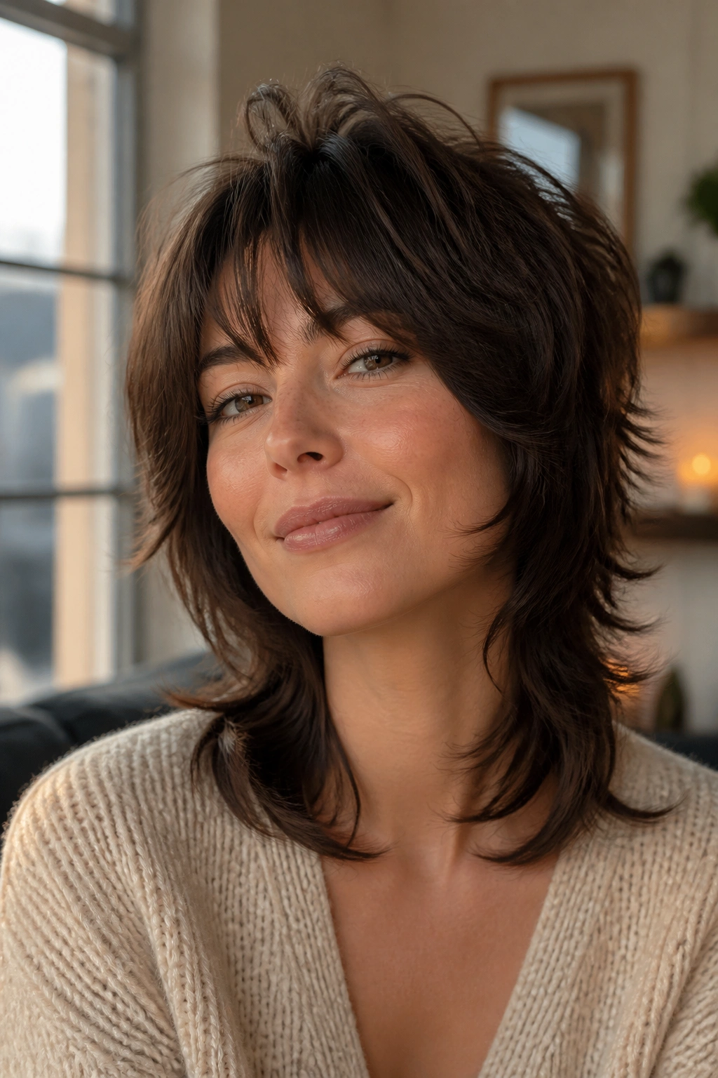 Close-up portrait of a real woman with a soft wolf cut, crown lift and face-framing layers in warm window light.