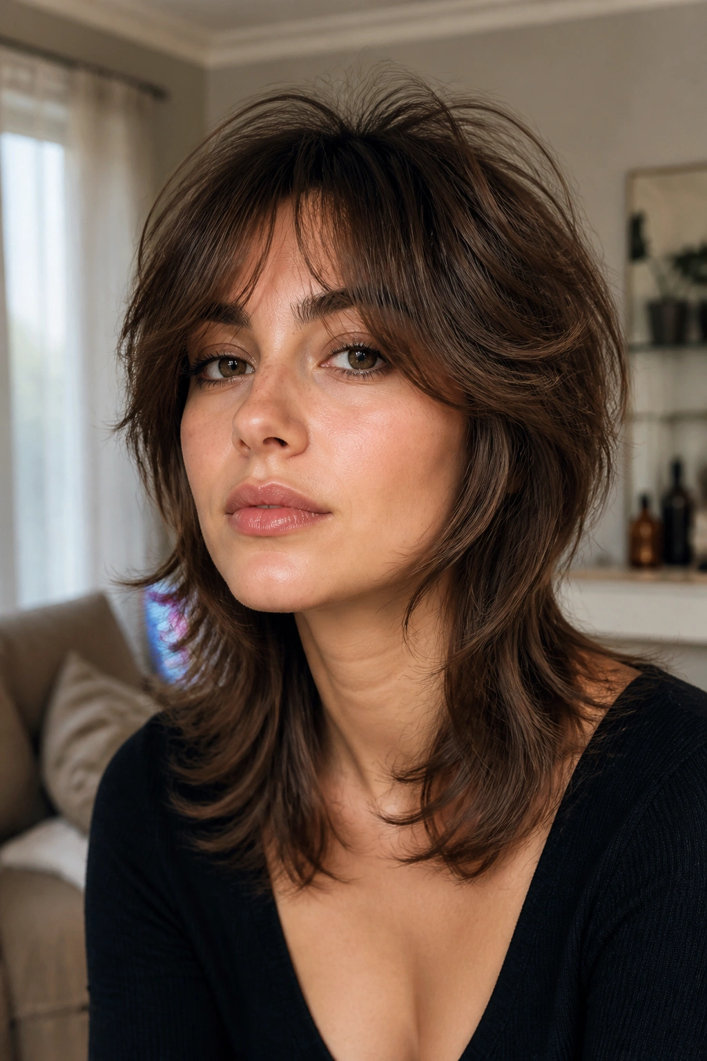Close-up of real woman with soft wolf cut hairstyle