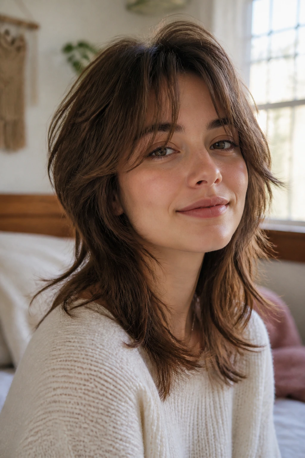 Close-up of a real woman with a soft wolf cut and face-framing layers