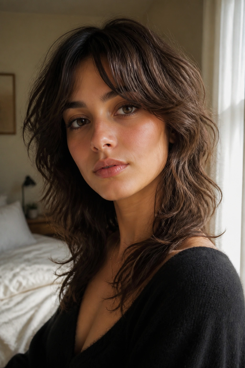 Close-up of a real woman with a soft wolf cut layered waves