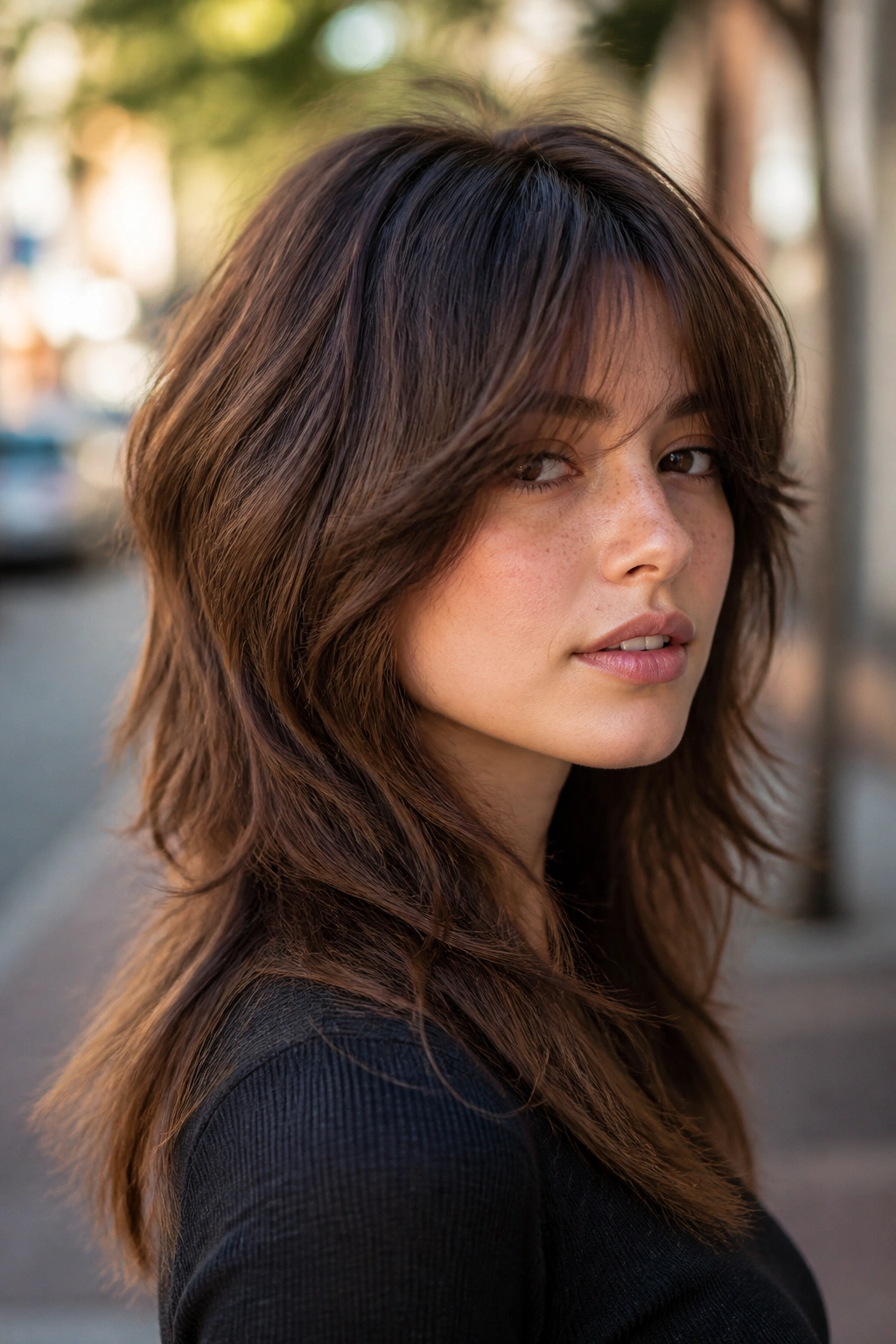 Close-up of a real woman with soft wolf cut and long fringe