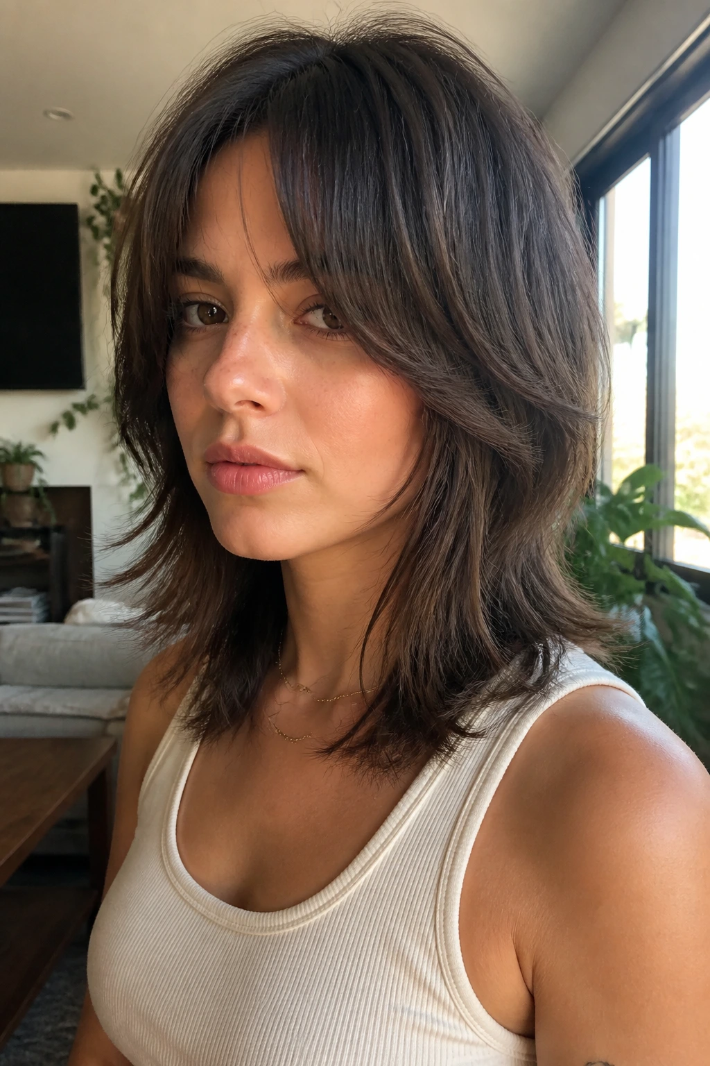 Close-up of a real person with a soft wolf cut and long fringe