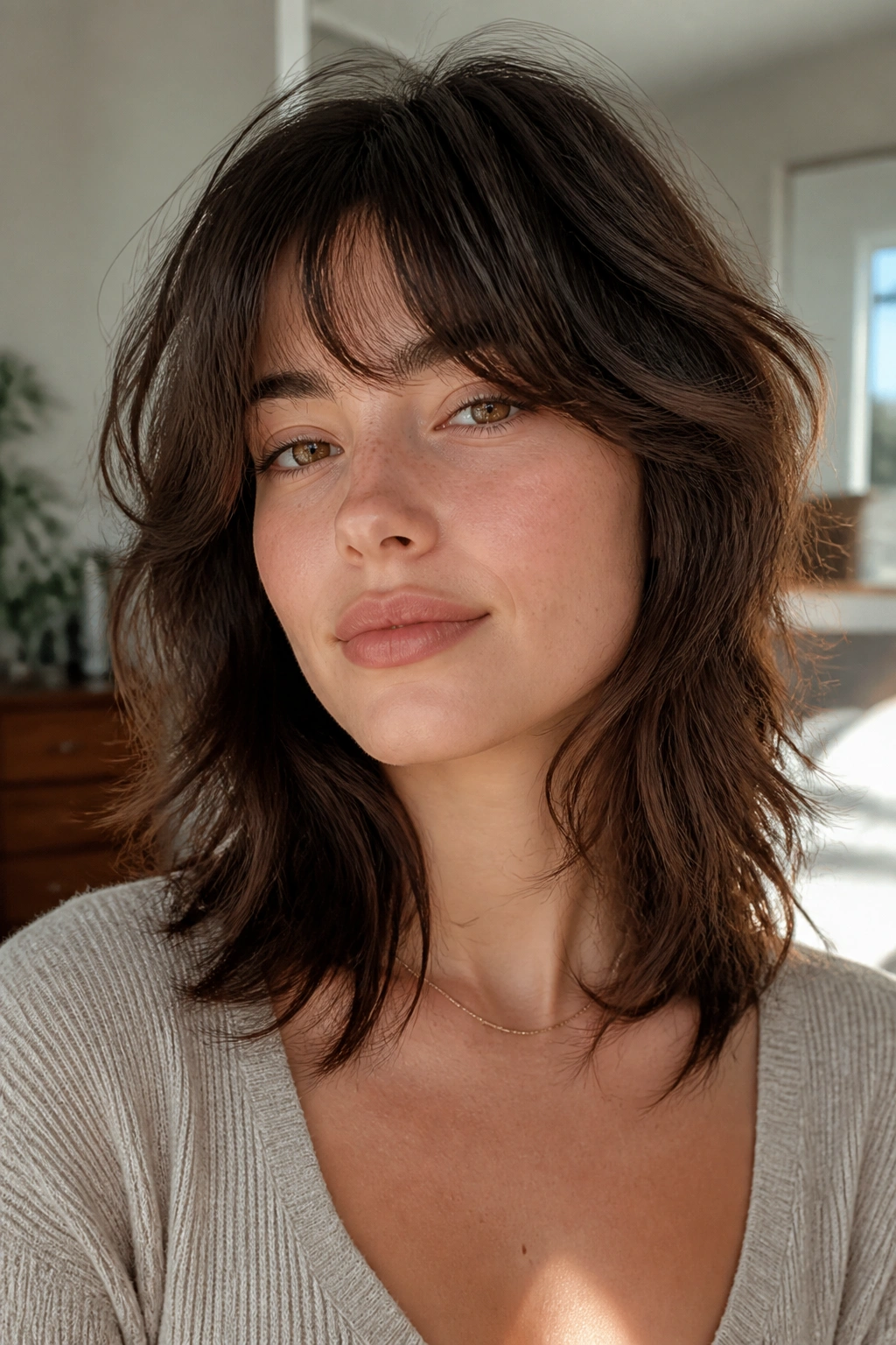 Close-up portrait of a real woman with a soft wolf cut in natural light