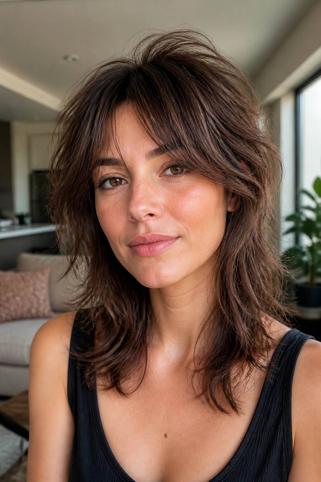 Soft wolf cut with mild crown on a real woman, close-up portrait showing layered texture