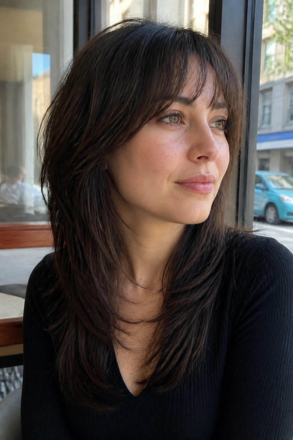 Close-up portrait of a real woman with a soft wolf cut and longer perimeter