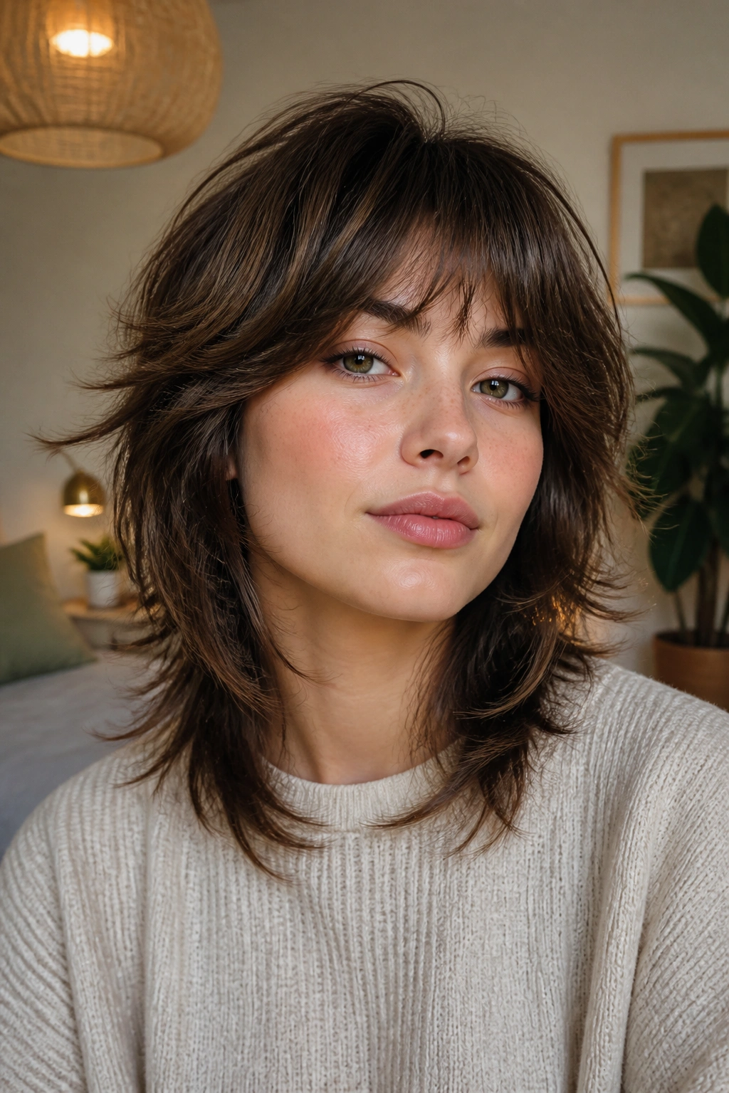 Portrait of a real woman with soft wolf cut to suit a round face