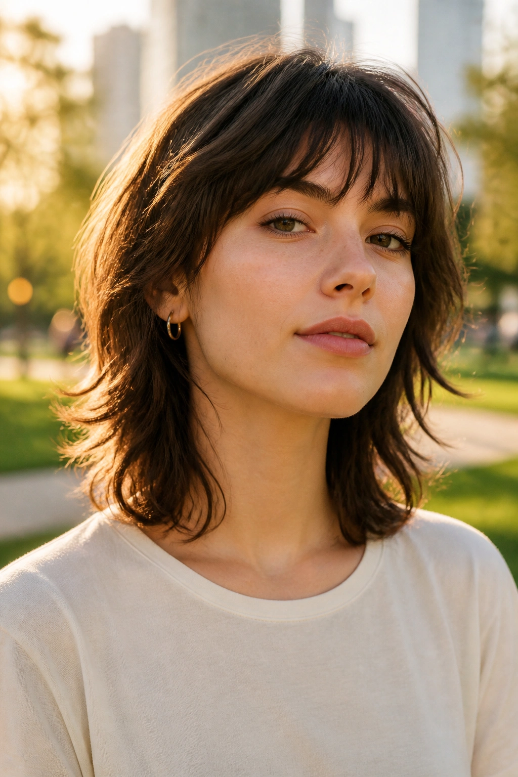 Close-up portrait of a real person with a soft wolf cut