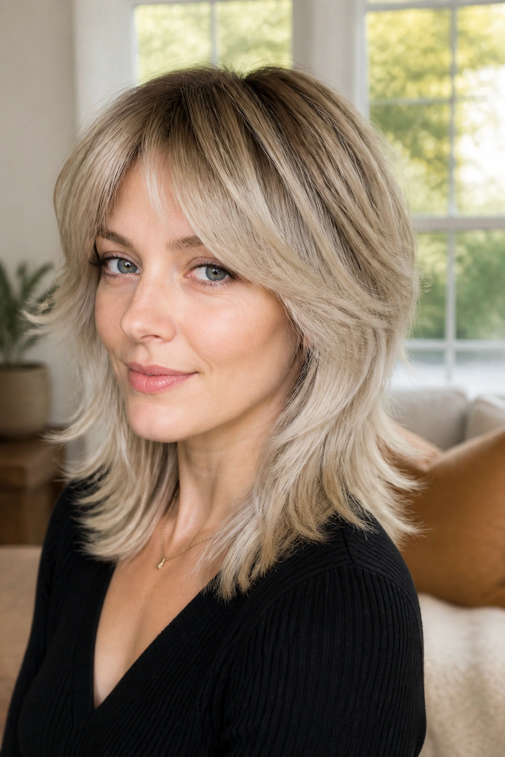 Close-up of a real person sporting a soft wolf cut with rounded top layers in icy blonde.