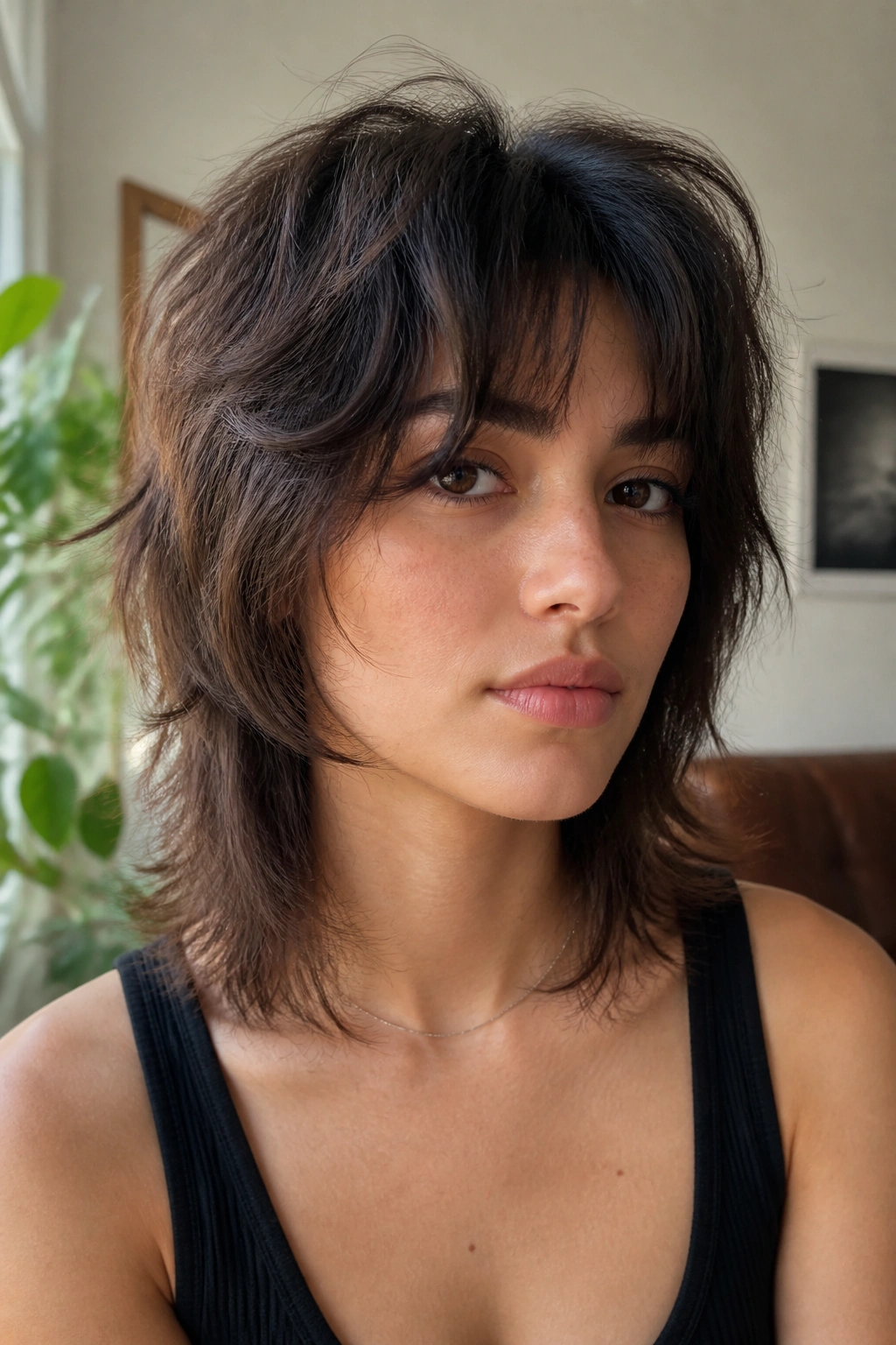 Close-up of a real woman with soft wolf cut and blended layers.