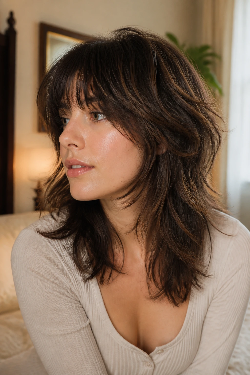 Close-up of a real woman with a soft wolf cut and gentle fringe in warm indoor light