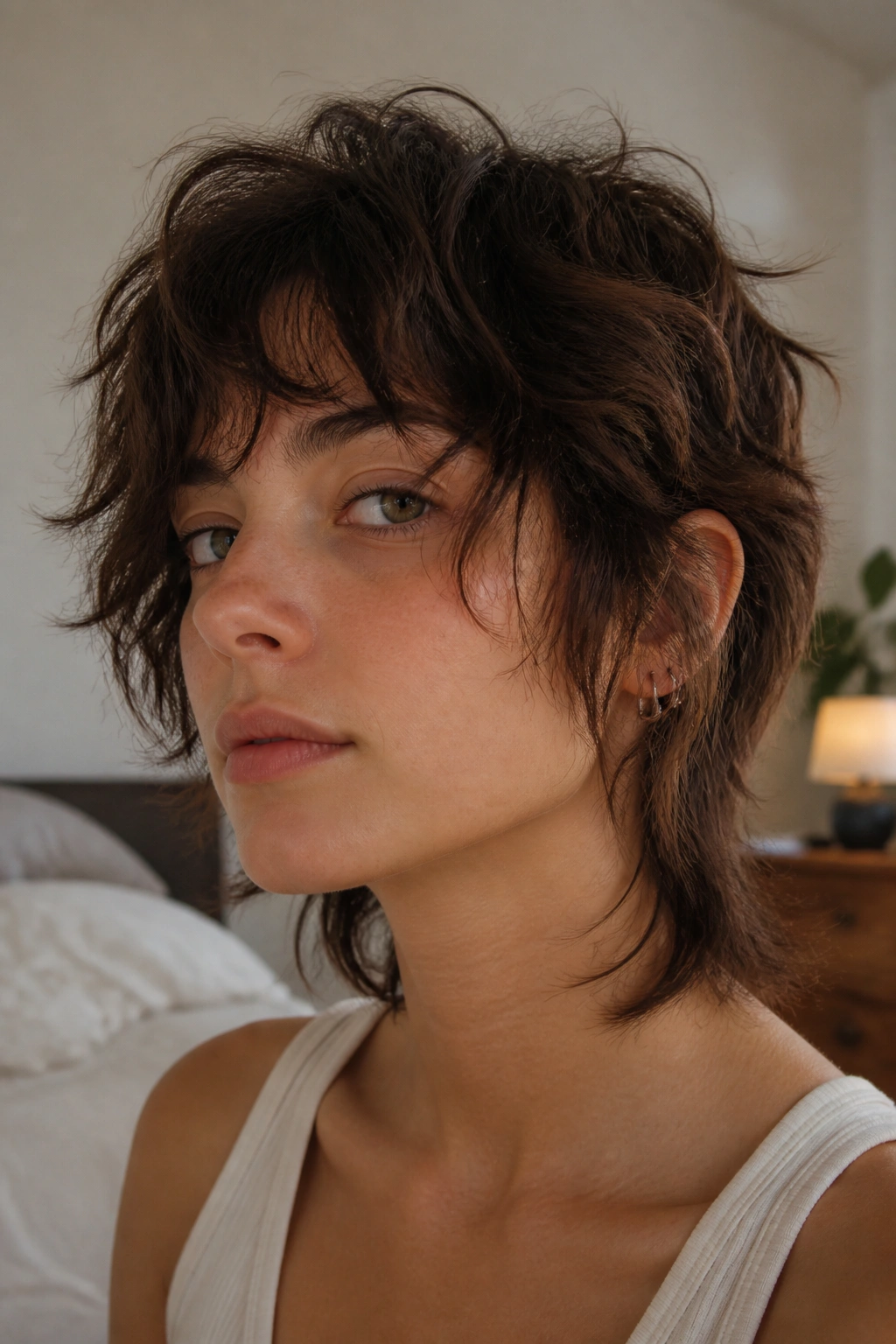 Close-up portrait of a real person with a soft wolf cut
