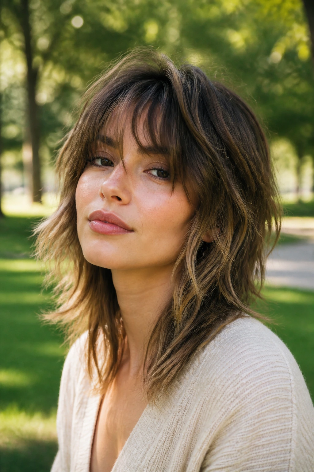 Close-up of a real woman with soft wolf-shag for fine hair in park setting
