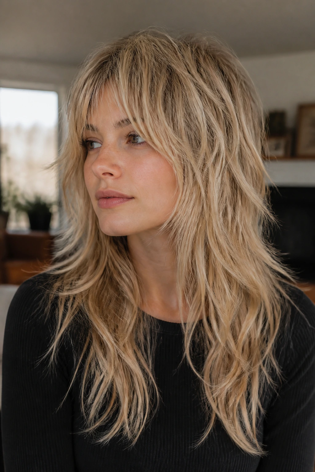Close-up of a real person with a soft wolf-shag hairstyle.