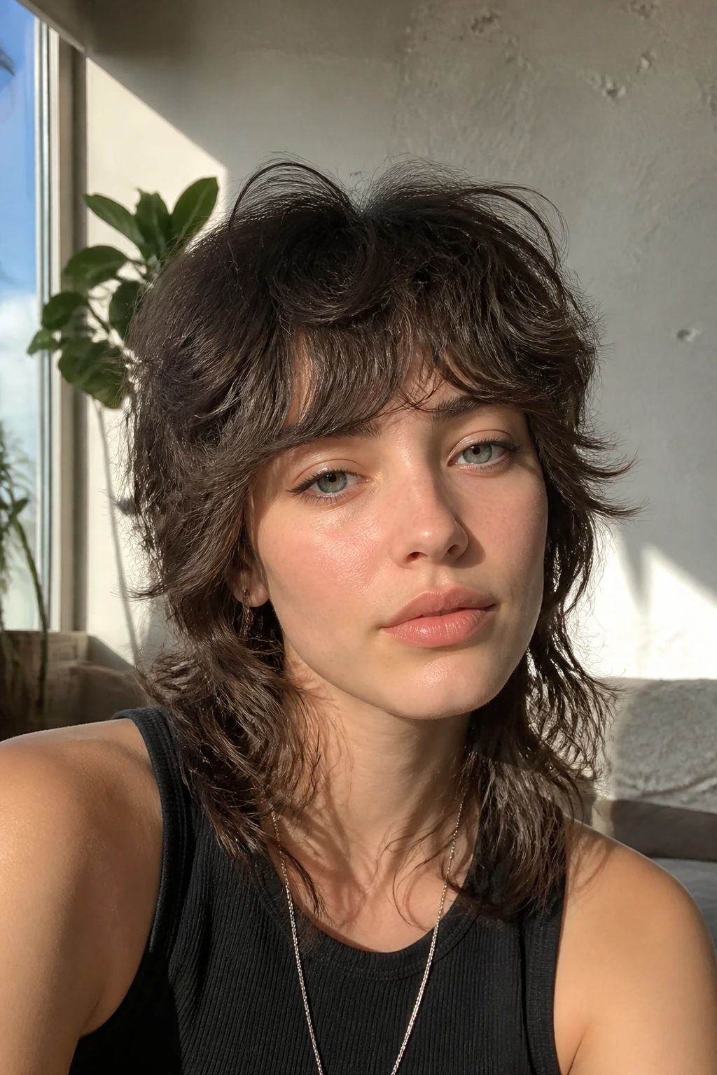 Close-up portrait of a real person with a soft wolf-shag mullet in warm natural light